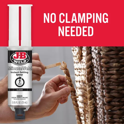 J-B Weld MinuteWeld™ Syringe - 25 ml is designed to adhere to multiple surfaces and can be used on ceramic, tile, glass, stone, most plastics, wood and metal. J-B Weld MinuteWeld™ Syringe - 25 ml is designed to adhere to multiple surfaces and can be used on ceramic, tile, glass, stone, most plastics, wood and metal.